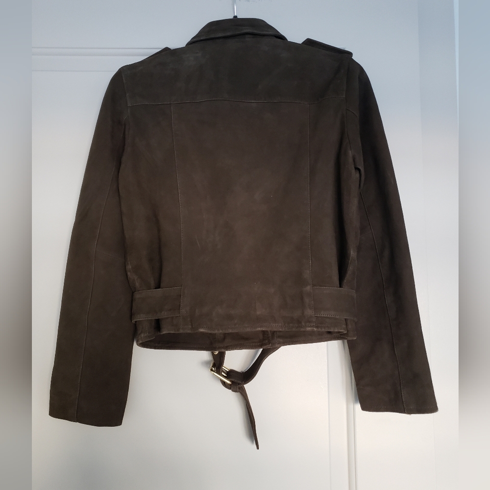 Allsaints suede balfern biker jacket in dark green womens size 2 - Picture 5 of 16